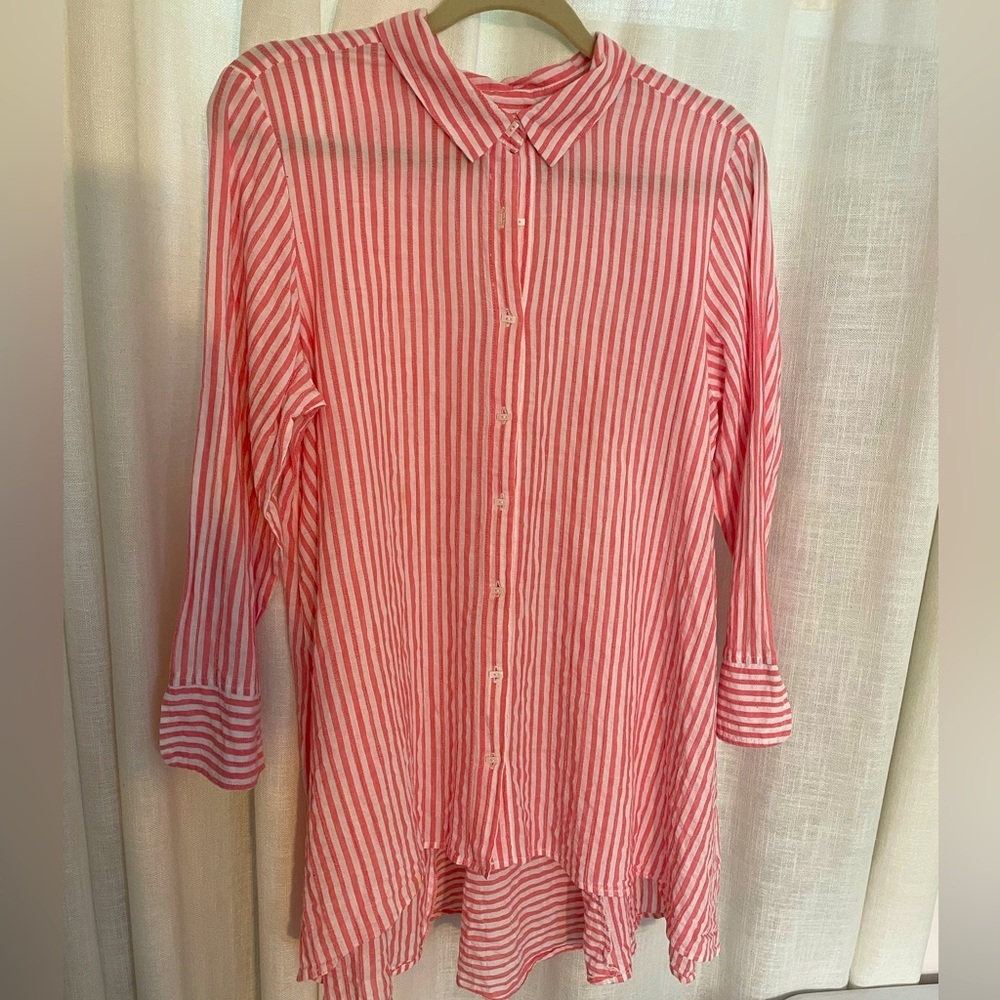 Habitat women’s size L striped button down A-line top blouse hi-low hem cotton